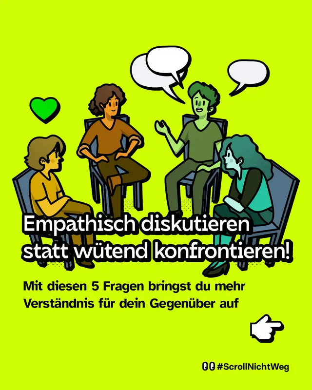 Illustration von vier Personen, die im Kreis auf St&uuml;hlen sitzen und sprechen; Sprechblasen &uuml;ber den K&ouml;pfen, links ein Herzsymbol. Text im Bild: &bdquo;Empathisch diskutieren statt w&uuml;tend konfrontieren! Mit diesen 5 Fragen bringst du mehr Verst&auml;ndnis f&uuml;r dein Gegen&uuml;ber auf&ldquo;.