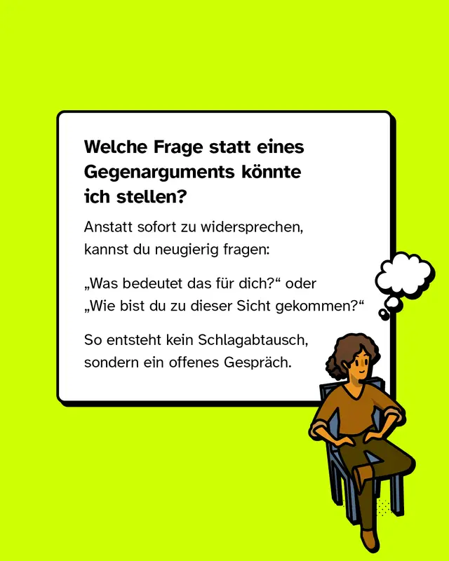 Textkasten: &bdquo;Welche Frage statt eines Gegenarguments k&ouml;nnte ich stellen?&ldquo; Vorschl&auml;ge: &bdquo;Was bedeutet das f&uuml;r dich?&ldquo; oder &bdquo;Wie bist du zu dieser Sicht gekommen?&ldquo; Hinweis: Fragen &ouml;ffnen Gespr&auml;che statt Schlagabtausch. Rechts eine sitzende Figur mit Gedankenwolke.