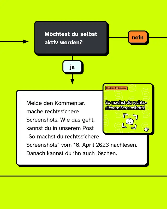 Richtet sich der Hasskommentar gegen dich gelangt man zur Frage: M&ouml;chtest du selbst aktiv werden? Ja, dann melde den Kommentar, mache rechtssichere Screenshots. Wie das geht, kannst du in unserem Post &bdquo;So machst du rechtssichere Screenshots" vom 10. April 2023 nachlesen. Danach kannst du ihn auch l&ouml;schen. M&ouml;chtest du nicht selbst aktiv werden, geht es im n&auml;chsten Slide weiter.