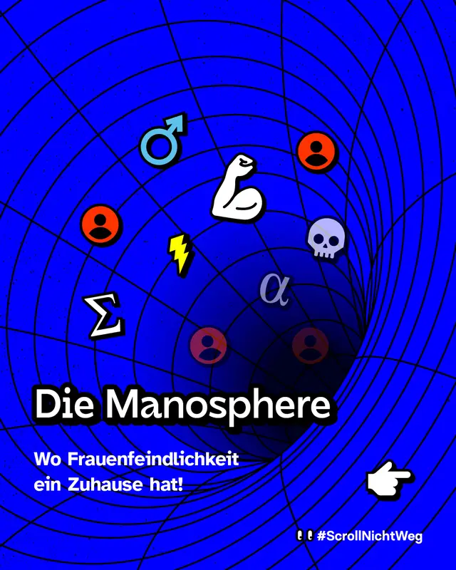 Blauer Hintergrund mit spiralf&ouml;rmigem Tunnel und Symbolen wie Muskelarm, Totenkopf und Geschlechtersymbolen. Titel: &bdquo;Die Manosphere &ndash; Wo Frauenfeindlichkeit ein Zuhause hat!&ldquo;.