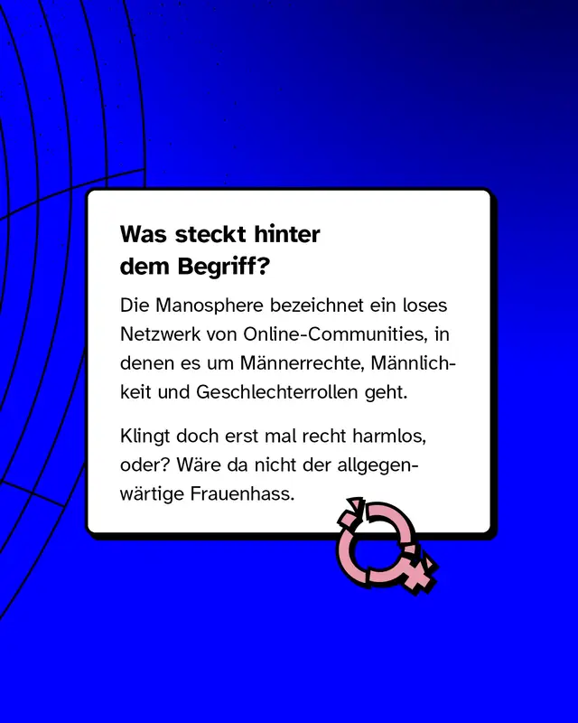 Erkl&auml;rung, dass die &bdquo;Manosphere&ldquo; ein loses Netzwerk von Online-Communities rund um M&auml;nnerrechte, M&auml;nnlichkeit und Geschlechterrollen ist. Hinweis darauf, dass hinter der scheinbar harmlosen Fassade Frauenhass steckt.
