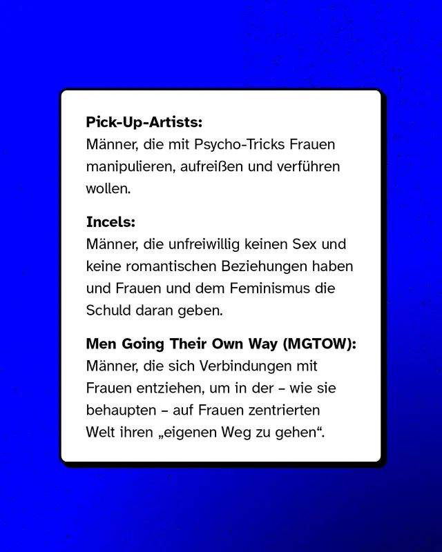 Vorstellung typischer Str&ouml;mungen der Manosphere: Pick-Up-Artists, Incels, Men Going Their Own Way (MGTOW). Jeweils mit kurzer Erkl&auml;rung ihrer frauenfeindlichen Weltbilder.