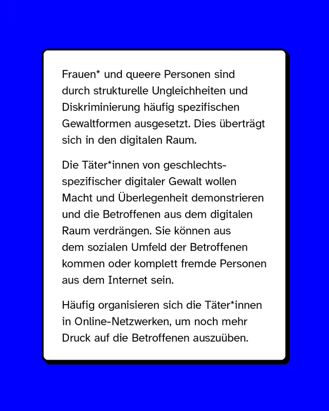 Frauen und queere Personen sind durch strukturelle Ungleichheiten und Diskriminierung haeufig spezifischen Gewaltformen ausgesetzt. Dies uebertraegt sich in den digitalen Raum. Die Taeter von geschlechtsspezifischer digitaler Gewalt wollen Macht und Ueberlegenheit demonstrieren und die Betroffenen aus dem digitalen Raum verdraengen. Sie koennen aus dem sozialen Umfeld der Betroffenen kommen oder komplett fremde Personen aus dem Internet sein. Haeufig organisieren sich die Taeter in Online-Netzwerken um noch mehr Druck auf die Betroffenen auszuueben.