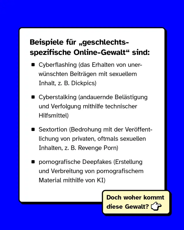 Beispiele fuer geschlechtsspezifische Online-Gewalt sind: Cyberflashing also das Erhalten von unerwuenschten Beitraegen mit sexuellem Inhalt zum Beispiel Dickpics. Cyberstalking also andauernde Belaestigung und Verfolgung mithilfe technischer Hilfsmittel. Sextortion also die Bedrohung mit der Veroeffentlichung von privaten oftmals sexuellen Inhalten zum Beispiel Revenge Porn. Pornografische Deepfakes also die Erstellung und Verbreitung von pornografischem Material mithilfe von KI. Doch woher kommt diese Gewalt?