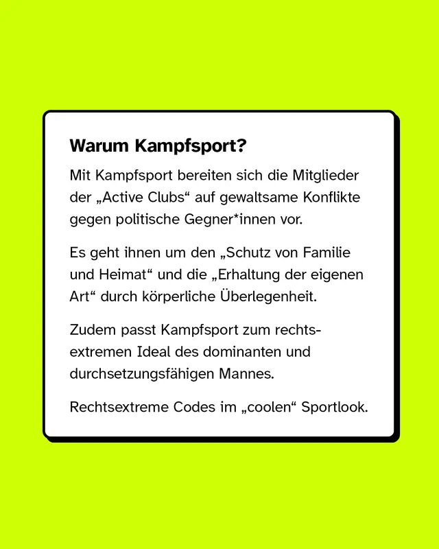 Textkarte beschreibt, warum Kampfsport f&uuml;r &bdquo;Active Clubs&ldquo; wichtig ist: Vorbereitung auf gewaltsame Konflikte, Betonung von k&ouml;rperlicher &Uuml;berlegenheit und Verbreitung rechtsextremer Rollenbilder.