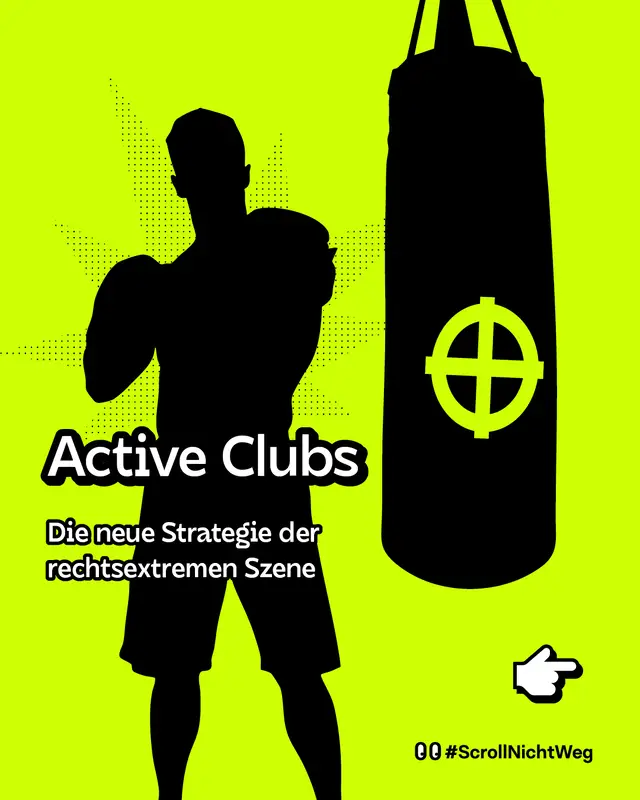 Illustration einer Boxerin oder eines Kampfsportlers als schwarze Silhouette neben einem Boxsack mit rechtsextremem Symbol auf gr&uuml;nem Hintergrund. Text: &bdquo;Active Clubs &ndash; Die neue Strategie der rechtsextremen Szene&ldquo;.