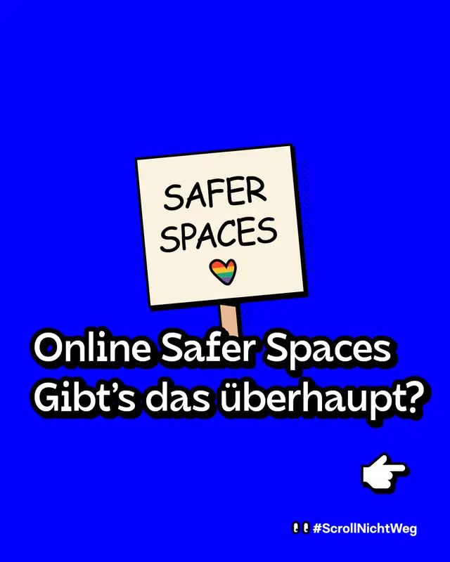 Meme-Slide: Ein Schild mit der Aufschrift &bdquo;SAFER SPACES&ldquo; und einem kleinen Regenbogen-Herz wird hochgehalten. Text im Bild: &bdquo;Online Safer Spaces &mdash; Gibt&rsquo;s das &uuml;berhaupt?&ldquo;