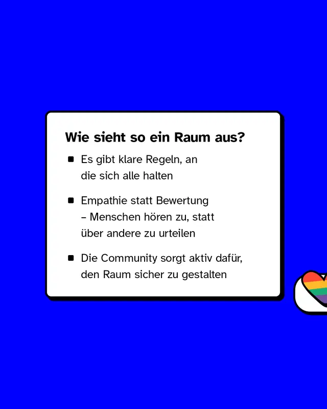 Infografik: &Uuml;berschrift &bdquo;Wie sieht so ein Raum aus?&ldquo; Bullet-Points: &bdquo;Es gibt klare Regeln, an die sich alle halten&ldquo; &mdash; &bdquo;Empathie statt Bewertung: Menschen h&ouml;ren zu, statt &uuml;ber andere zu urteilen&ldquo; &mdash; &bdquo;Die Community sorgt aktiv daf&uuml;r, den Raum sicher zu gestalten&ldquo;