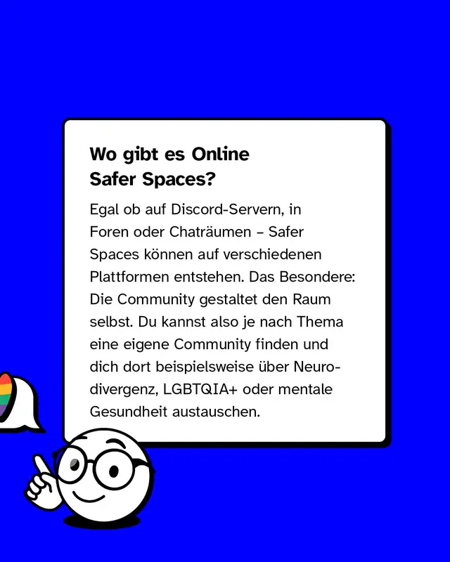 Infografik: &Uuml;berschrift &bdquo;Wo gibt es Online Safer Spaces?&ldquo; Text erkl&auml;rt, dass sie z. B. auf Discord, in Foren oder Chatr&auml;umen entstehen und Community-gef&uuml;hrt sind; Beispiele: Neurodivergenz, LGBTQIA+, mentale Gesundheit