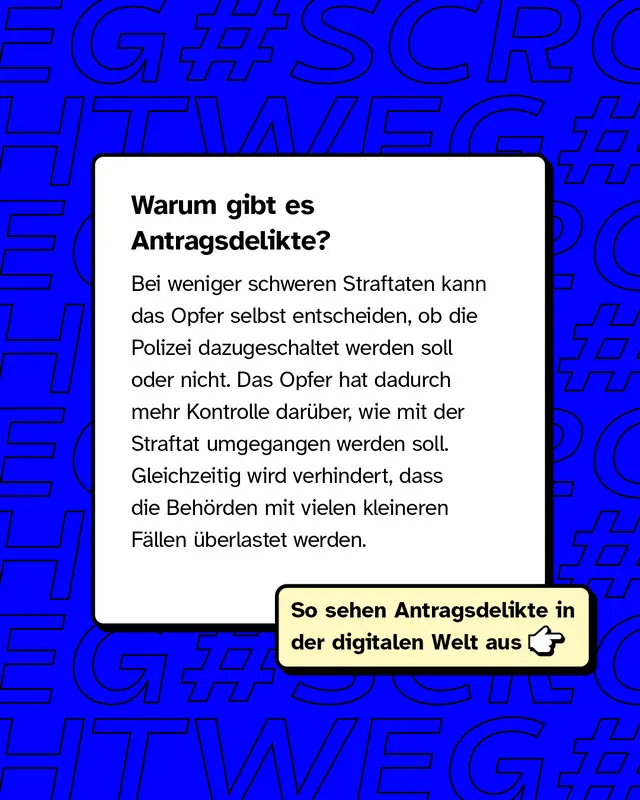 Warum gibt es Antragsdelikte? Bei weniger schweren Straftaten kann das Opfer selbst entscheiden, ob die Polizei dazugeschaltet werden soll oder nicht. Das Opfer hat dadurch mehr Kontrolle dar&uuml;ber, wie mit der Straftat umgegangen werden soll. Gleichzeitig wird verhindert, dass die Beh&ouml;rden mit vielen kleineren F&auml;llen &uuml;berlastet werden.