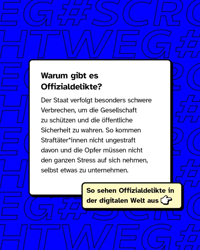 Warum gibt es Offizialdelikte? Der Staat verfolgt besonders schwere Verbrechen, um die Gesellschaft zu sch&uuml;tzen und die &ouml;ffentliche Sicherheit zu wahren. So kommen Straft&auml;ter nicht ungestraft davon und die Opfer m&uuml;ssen nicht den ganzen Stress auf sich nehmen, selbst etwas zu unternehmen.