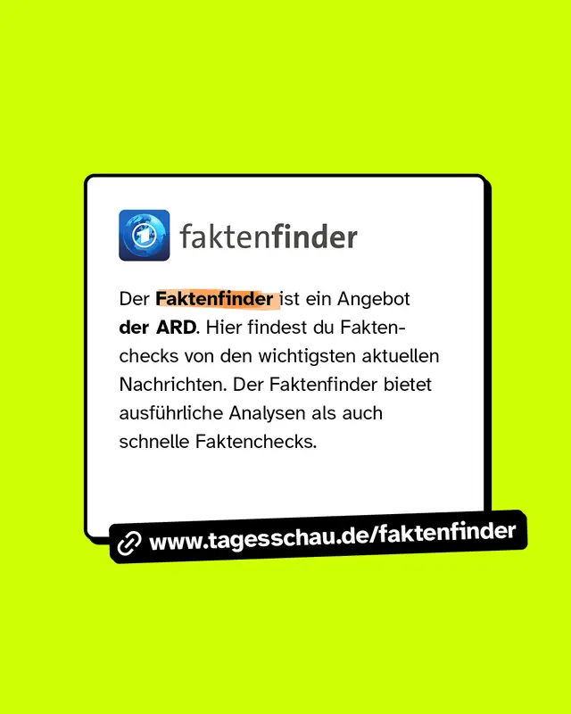 www.tagesschau.de/faktenfinder Der Faktenfinder ist ein Angebot der ARD. Hier findest du Faktenchecks von den wichtigsten aktuellen Nachrichten. Der Faktenfinder bietet ausf&uuml;hrliche Analysen als auch schnelle Faktenchecks.