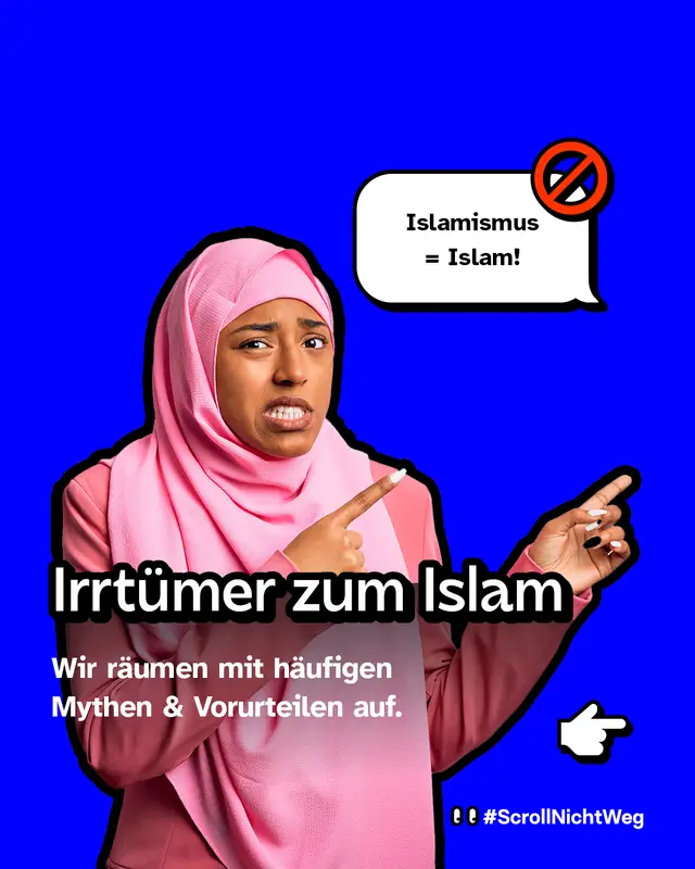 Grafik mit Sprechblase &bdquo;Islamismus = Islam!&ldquo;. Einf&uuml;hrung ins Thema: H&auml;ufige Irrt&uuml;mer und Vorurteile &uuml;ber den Islam werden aufgekl&auml;rt.