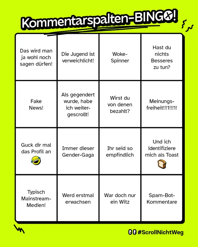 Zu sehen ist ein Spielfeld im 5x5-Raster. In jedem Feld steht ein typischer Internetkommentar &ndash; oft sp&ouml;ttisch, abwertend oder abwehrend gemeint. Folgende Felder gibt es:     &bdquo;Das wird man ja wohl noch sagen d&uuml;rfen!&ldquo;     &bdquo;Die Jugend ist verweichlicht!"     &bdquo;Woke-Spinner&ldquo;     &bdquo;Hast du nichts Besseres zu tun?&ldquo;     &bdquo;Fake News!&ldquo;     &bdquo;Als gegendert wurde, habe ich weitergescrollt!&ldquo;     &bdquo;Wirst du von denen bezahlt?&ldquo;     &bdquo;Meinungsfreiheit!!!!!1!!!1!&ldquo;     &bdquo;Guck dir mal das Profil an&ldquo;     &bdquo;Immer dieser Gender-Gaga&ldquo;     &bdquo;Ihr seid so empfindlich&ldquo;     &bdquo;Und ich identifiziere mich als Toaster&ldquo;     &bdquo;Typisch Mainstream-Medien!&ldquo;     &bdquo;Werd erstmal erwachsen.&ldquo;     &bdquo;War doch nur ein Witz&ldquo;     Spam-Bot-Kommentare