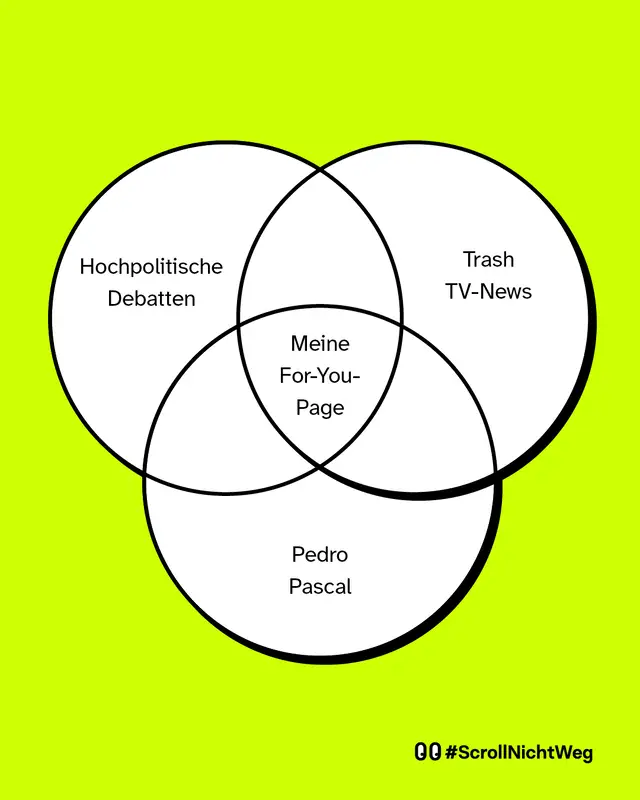 Zu sehen ist ein VENN-Diagramm mit 3 weißen Kreisen. Linker Kreis: „Hochpolitische Debatten“.  Rechter Kreis: „Trash TV-News“.  Unterer Kreis: „Pedro Pascal“. In der Schnittmenge steht: „Meine For-You-Page“.
