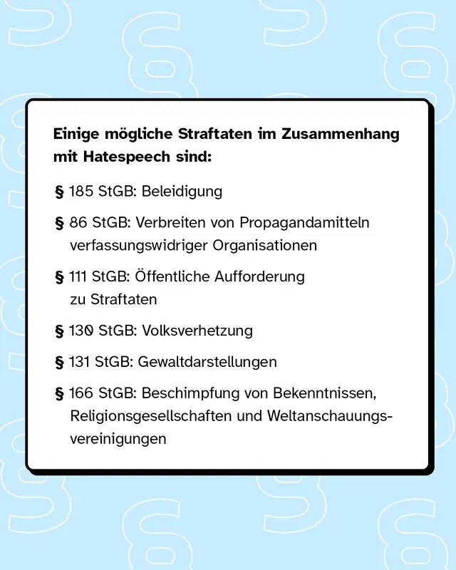 Einige mögliche Straftaten im Zusammenhang mit Hatespeech sind zum Beispiel Beleidigung oder Volksverhetzung.