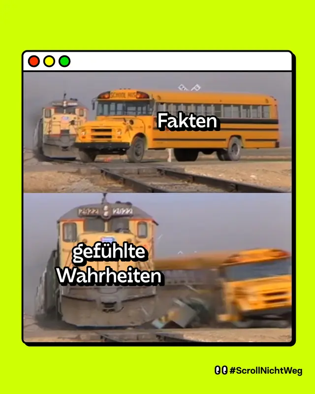 Ein Bus, der auf die Gleisen eines kommenden Zuges f&auml;hrt. Der Bus steht f&uuml;r Fakten. Der Zug steht f&uuml;r gef&uuml;hlte Wahrheiten. Der Zug f&auml;hrt den Bus einfach um.