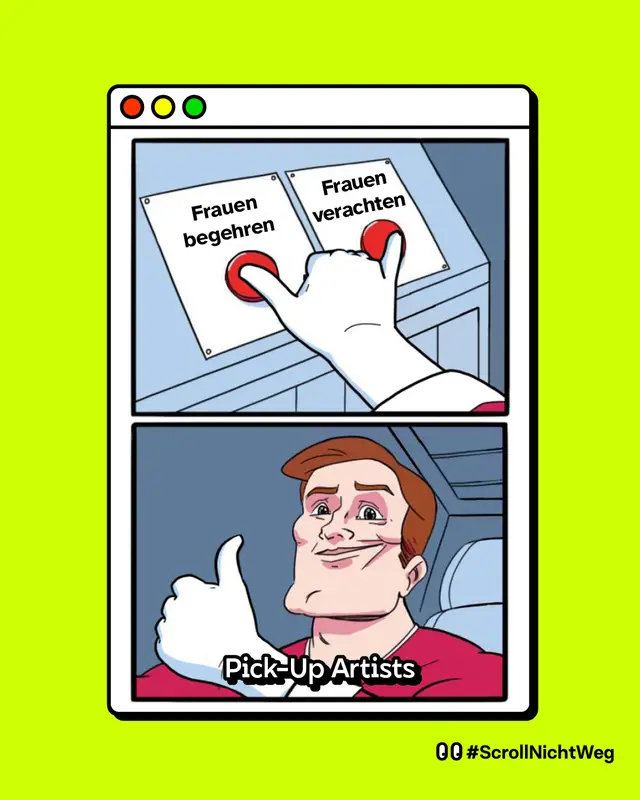 Bild mit zwei Buttons, die beide gleichzeitig gedr&uuml;ckt werden. Auf dem einen Button steht Frauen begehren und auf dem anderen Frauen verachten. Die Buttons werden von Pick-Up Artists gedr&uuml;ckt.
