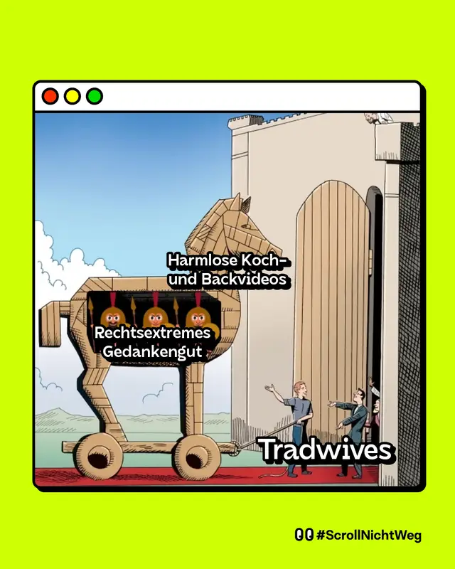 Meme: Ein gro&szlig;es h&ouml;lzernes Pferd wird von zwei Personen in eine Burg geschoben. Auf dem Pferd steht der Text &bdquo;Harmlose Koch- und Backvideos&ldquo;. Im Inneren des Pferdes sitzen drei Figuren mit Speeren; dar&uuml;ber steht &bdquo;Rechtsextremes Gedankengut&ldquo;. Die zwei Personen, die das Pferd hineinziehen, tragen die Beschriftung &bdquo;Tradwives&ldquo;. Unten rechts steht #ScrollNichtWeg.