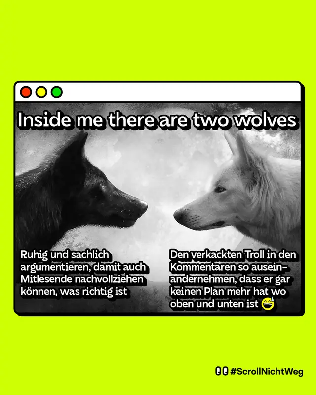 Bild mit zwei W&ouml;lfen, einer rechts und einer links. Inside me there are two wolves.   Linker Wolf: &bdquo;Ruhig und sachlich argumentieren, damit auch Mitlesende nachvollziehen k&ouml;nnen, was richtig ist&ldquo;   Rechter Wolf: &bdquo;Den verkackten Troll in den Kommentaren so auseinandernehmen, dass er gar keinen Plan mehr hat wo oben und unten ist&ldquo;