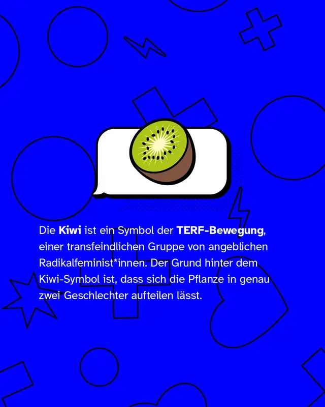 Darstellung einer Kiwi und Text: „Die Kiwi ist ein Symbol der TERF-Bewegung, einer transfeindlichen Gruppe von angeblichen Radikalfeminist*innen. Der Grund: Die Pflanze lässt sich in genau zwei Geschlechter aufteilen.“