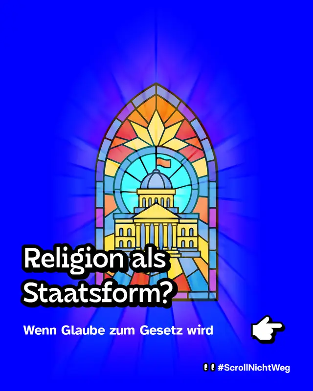 Illustration eines bunten Kirchenfensters. In der Mitte ein stilisiertes Regierungsgeb&auml;ude mit Flagge. Text im Bild: &bdquo;Religion als Staatsform? Wenn Glaube zum Gesetz wird&ldquo;. Rechts ein Pfeil-Symbol.