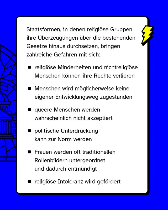 Infografik-Box mit Aufz&auml;hlung m&ouml;glicher Folgen religi&ouml;s gepr&auml;gter Staatsformen: Rechteverlust f&uuml;r Minderheiten, fehlende Entwicklungsm&ouml;glichkeiten, Ablehnung queerer Menschen, politische Unterdr&uuml;ckung, traditionelle Rollenbilder f&uuml;r Frauen, F&ouml;rderung religi&ouml;ser Intoleranz. Rechts Blitz-Icon.