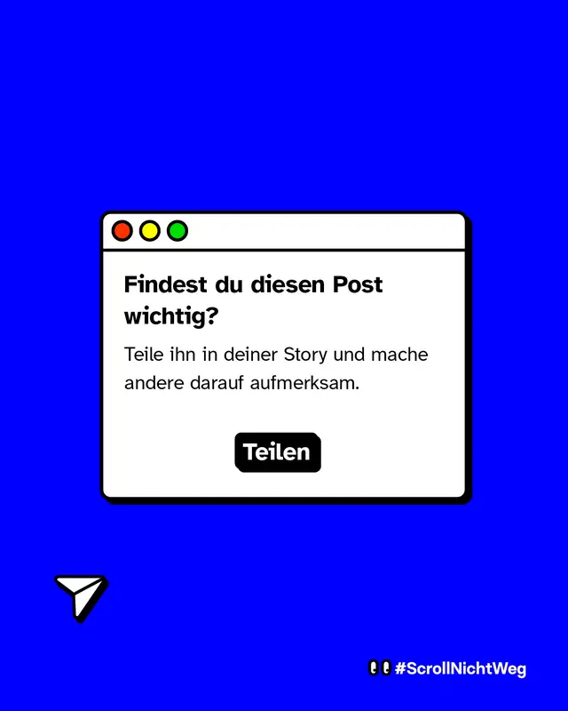 Fenster-Look. Text im Bild: &bdquo;Findest du diesen Post wichtig? Teile ihn in deiner Story und mache andere darauf aufmerksam.&ldquo; Button: &bdquo;Teilen&ldquo;. Links unten Papierflieger-Icon.
