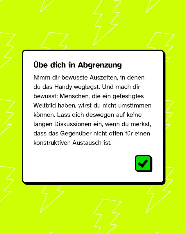 &Uuml;be dich in Abgrenzung und nimm dir bewusst Auszeiten, in denen du das Handy weglegst.