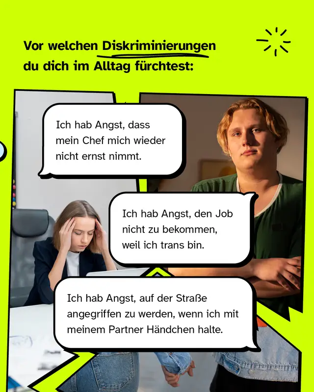 Vor welchen Diskriminierungen du dich im Alltag f&uuml;rchtest.   "Ich hab Angst, dass mein Chef mich wieder nicht ernst nimmt."  /  "Ich hab Angst, den Job nicht zu bekommen, weil ich trans bin."  / "Ich hab Angst, auf der Stra&szlig;e angegriffen zu werden, wenn ich mit meinem Partner H&auml;ndchen halte."