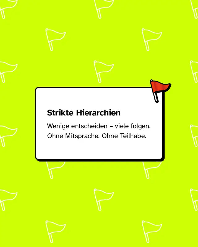 Weiße Karte mit Text: „Strikte Hierarchien. Wenige entscheiden – viele folgen. Ohne Mitsprache. Ohne Teilhabe.“ Kleine rote Fahne oben rechts.