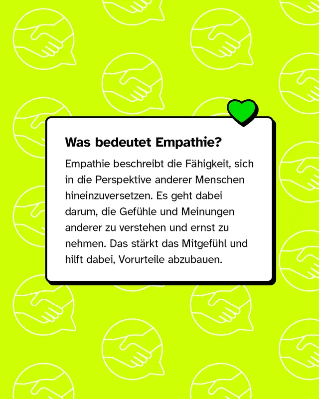 Text auf knallgelbem Hintergrund mit Icons von H&auml;ndesch&uuml;tteln in Sprechblasen. &Uuml;berschrift: &bdquo;Was bedeutet Empathie?&ldquo; Darunter steht die Erkl&auml;rung: Empathie ist die F&auml;higkeit, sich in andere hineinzuversetzen, ihre Gef&uuml;hle zu verstehen und ernst zu nehmen. Das f&ouml;rdert Mitgef&uuml;hl und baut Vorurteile ab.