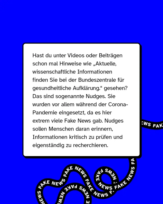 Textkasten erkl&auml;rt sogenannte "Nudges": Hinweise unter Social-Media-Posts zu offiziellen und wissenschaftlichen Quellen, die Menschen motivieren sollen, Informationen selbst zu pr&uuml;fen. Beispielverweis auf Hinweise w&auml;hrend der Corona-Pandemie. Schwarze "FAKE NEWS"-Schriftz&uuml;ge ziehen sich im Hintergrund entlang.