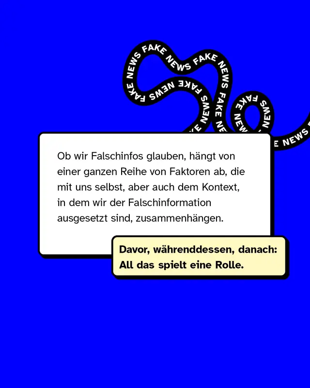 Blauer Hintergrund. Textkasten mit Erkl&auml;rung: Dass es viele Faktoren gibt, die beeinflussen, ob wir Falschinformationen glauben. Hinweis, dass sowohl der Kontext als auch pers&ouml;nliche Faktoren vor, w&auml;hrend und nach dem Kontakt mit falschen Informationen eine Rolle spielen. Unter dem Kasten steht ein gelber Textfeld-Sticker: "Davor, w&auml;hrenddessen, danach: All das spielt eine Rolle." Im Hintergrund geschwungene "FAKE NEWS"-Schriftz&uuml;ge.