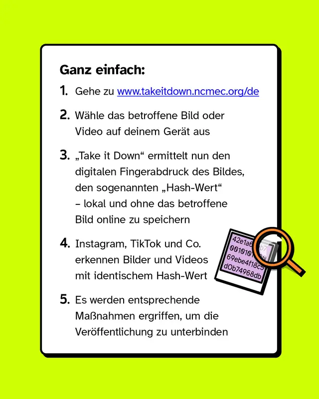 Text: &bdquo;Ganz einfach:&ldquo; Nummerierter Ablauf 1&ndash;5 (Website &ouml;ffnen, Bild w&auml;hlen, Hash-Wert wird erstellt, Plattformen erkennen Match, Ver&ouml;ffentlichung wird verhindert). Rechts kleine Grafik: vergr&ouml;&szlig;erter Hash-Code unter einer Lupe.