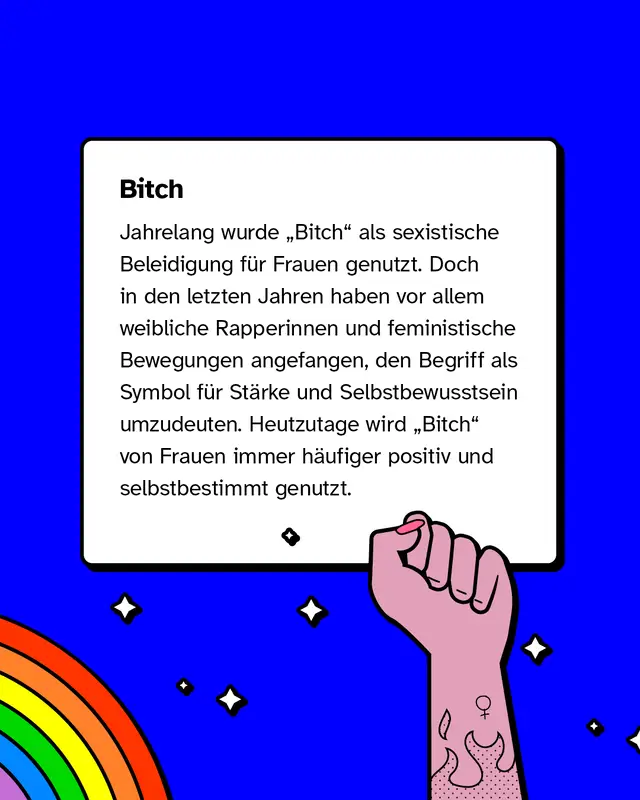 Ein Textkasten mit der Überschrift „Bitch“. Darin steht, wie der Begriff lange als sexistische Beleidigung genutzt wurde und später besonders durch Rapperinnen und feministische Bewegungen zu einem Symbol für Selbstbewusstsein und Stärke umgedeutet wurde. Rechts unten ragt eine gezeichnete Faust mit Tattoos ins Bild.