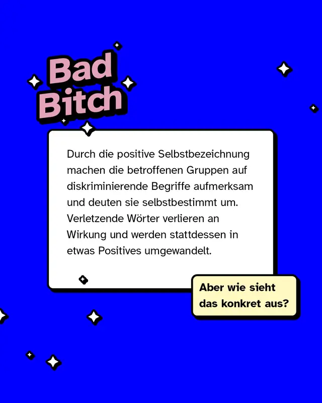 Ein Textkasten mit dem Titel „Bad Bitch“ als dekoratives Sticker-Element oben links. Darunter ein Erklärungstext, der beschreibt, dass Gruppen verletzende Begriffe selbstbestimmt positiv umdeuten können, sodass die ursprüngliche negative Wirkung verloren geht. Unten rechts befindet sich ein kleiner Button mit der Frage „Aber wie sieht das konkret aus?“.