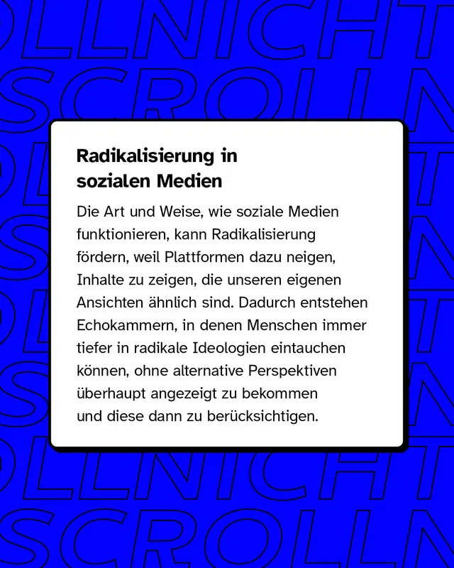 Radikalisierung und soziale Medien Soziale Medien verst&auml;rken oft Radikalisierung, indem sie Inhalte bevorzugen, die den eigenen Ansichten &auml;hnlich sind. Dadurch entstehen Echokammern, die den Zugang zu alternativen Perspektiven einschr&auml;nken.