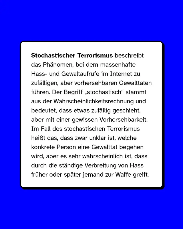 Stochastischer Terrorismus beschreibt das Ph&auml;nomen, bei dem massenhafte Hass- und Gewaltaufrufe im Internet zu zuf&auml;lligen, aber vorhersehbaren Gewalttaten f&uuml;hren. Der Begriff &bdquo;stochastisch&ldquo; stammt aus der Wahrscheinlichkeitsrechnung und bedeutet, dass etwas zuf&auml;llig geschieht, aber mit einer gewissen Vorhersehbarkeit. Im Fall des stochastischen Terrorismus hei&szlig;t das, dass zwar unklar ist, welche konkrete Person eine Gewalttat begehen wird, aber es sehr wahrscheinlich ist, dass durch die st&auml;ndige Verbreitung von Hass fr&uuml;her oder sp&auml;ter jemand zur Waffe greift.