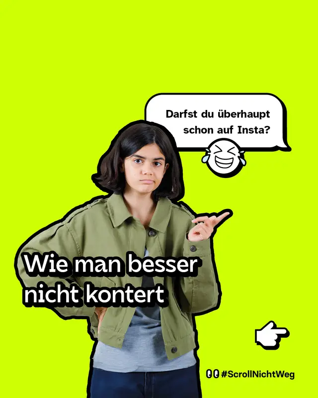 Wie man besser nicht kontert - Ageismus. In einer Sprechblase die Worte: „Darfst du überhaupt schon auf Insta?“ mit einem lachenden Emoji.