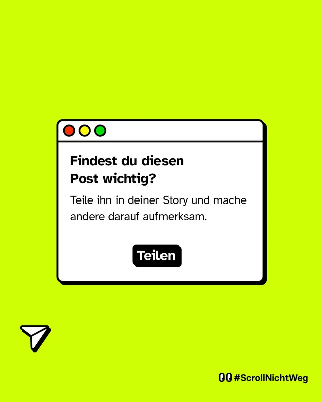 Illustration eines Browserfensters auf gelbem Hintergrund mit dem Text: &bdquo;Findest du diesen Post wichtig? Teile ihn in deiner Story und mache andere darauf aufmerksam.&ldquo; Darunter ein schwarzer Button mit wei&szlig;er Aufschrift: &bdquo;Teilen&ldquo;.