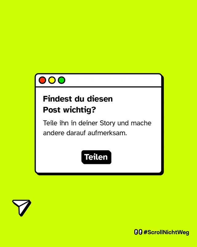 Eine Illustration eines Social-Media-Posts auf grellgelbem Hintergrund fragt: &bdquo;Findest du diesen Post wichtig?&ldquo; und fordert dazu auf, ihn in der Story zu teilen, um andere darauf aufmerksam zu machen. Unten steht der Button &bdquo;Teilen&ldquo;.